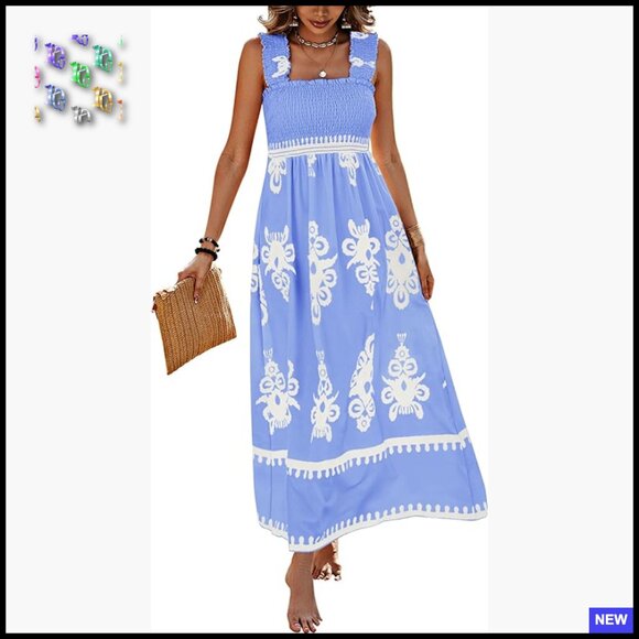 Boho Maxi Dress Sleeveless Square Neck Floral A-Line Smocked Beach
